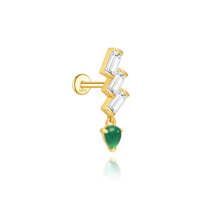 Gold S925 Silver Flat Back Piercing <b>Stud</b> with Natural Green Chalcedony Drop and Tassel Cartilage <b>Helix</b> Jewelry - Product Image 4