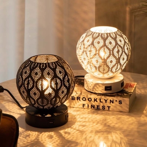 Vintage <strong>Moroccan</strong> Style Metal Table <strong>Lamp</strong> with Round <strong>Shade</strong> Creative Modern Design for Bedroom Nightlight Small Light Atmosphere - Product Image 1