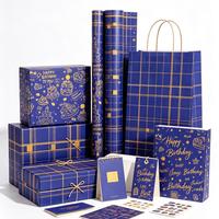Ensemble de papier cadeau pour anniversaire et Noël, design bleu et or, recyclable, papier cadeau jetable, sacs, boîtes, cartes, autocollants