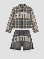Ensemble chemise à carreaux en strass personnalisée et short en jean, style streetwear déchiré à bords bruts, deux pièces, ODM OEM