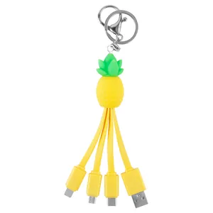 Summer Fruits Design 3In1 Charging Cord Cute Pineapple Multi Keychain 3 In 1 Charging USB Cable