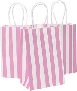 Sac en papier kraft blanc de haute qualité, sac cadeau rayé rose pour cadeau, sacs en papier d'emballage personnalisés avec logo, avec poignées - Product Image 1
