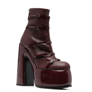 Wine Red Super High Platform Women <b>Block</b> Heels Shoes Belt Buckles Woman Short Ankle Boots Round Toe Thick Sole Booties - Product Image 5