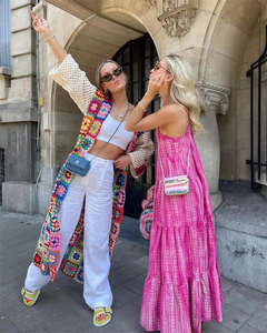 Otoño nuevo Retro hecho <span class=keywords><strong>a</strong></span> mano abuela patrón ganchillo hueco medio largo tejido cárdigan suéter de mujer - Product Image 4