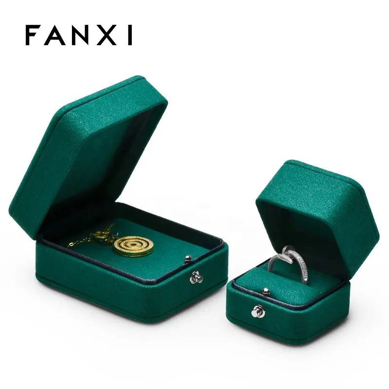 FANXI Mewah Perhiasan Kotak Kemasan Snap Tombol dengan Hijau Microfiber untuk Cincin Gelang Kalung Packing Pernikahan Kotak Perhiasan
