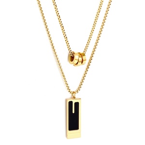 Ason Nouvelle Mode Bijoux En Acier Inoxydable Collier Trois Rond Creux Pendentifs Rectangulaire Noir Goutte D'huile Double Chaîne Collier - Product Image 4