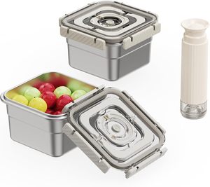 ステンレス製スクエア型エコフレンドリー真空食品保存容器ハンドル付き大容量漏れ防止ランチボックスハンドポンプ冷凍庫対応 - Product Image 1