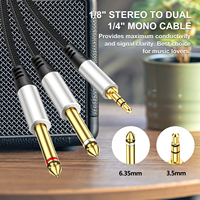 Kabel Y Splitter Mono Stereo Berlapis Koaksial 3.5mm 1/8 inci RCA Male ke Dual 6.35mm 1/4 inci TS Male untuk Amplifier dan Speaker
