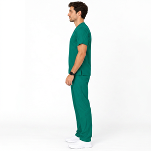 Unisex Green V-Neck <b>Scrub</b> <b>Top</b> Spandex Woven Hospital Uniform Needle Detection Seamless Fusing - Product Image 3