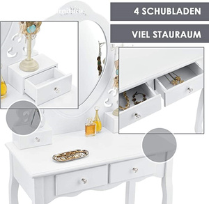 Coiffeuse avec miroir, tabouret et 4 tiroirs, style campagnard blanc, en MDF, pour filles et enfants - Product Image 5