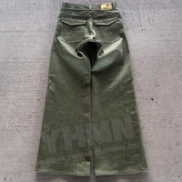 Jean Baggy Vintage Japonais Coupe Droite Large en Denim Selvedge Vert Brut avec Boucle Arrière Personnalisée 16 OZ en Tissu Rouge Sauvage