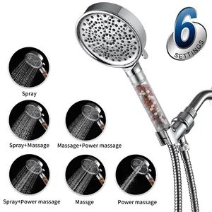 Salle de bain en gros moderne abs rond brume argent massage pomme de douche pressurisée 6 pomme de douche filtrée avec tuyau et support abs