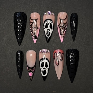 3D Halloween Press On Nail Design riutilizzabile Glitter Set di diamanti in metallo luminoso Trick Treat applicazione dito vampiro - Product Image 1