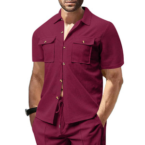 Camisa Casual de Manga Corta para Hombre, Estilo Waffle, Color Sólido, Cuello Clásico, Bolsillo con Botón, Transpirable, para Trabajo y Ocio - Product Image 2