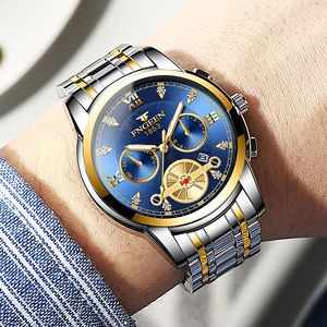Binbond Men's Mechanical Watch 4567 Blue Dial Gold Stainless Steel Bracelet Waterproof 30M Automatic Movement - Product Image 3