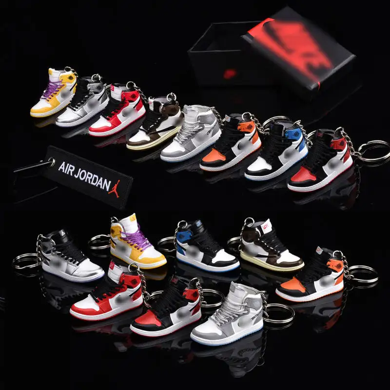 סיטונאי PVC כדורסל AJ מפתח טבעת סט עם קופסא ושקית מיני Sneaker 3d J ordan נעל מחזיקי מפתחות בתפזורת