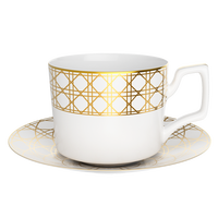 Assiettes de présentation en céramique blanches de luxe avec bordure géométrique dorée pour la décoration de table de mariage et de banquet