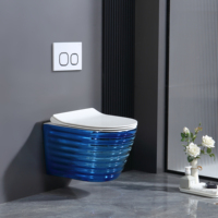 WC suspendu monobloc en céramique bleu, design moderne, sans bride, facile à installer pour salles de bain