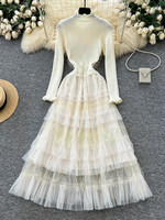 Robe midi élégante à manches longues en tulle à volants pour femme, collection printemps-été, avec dentelle et sequins, taille tricotée