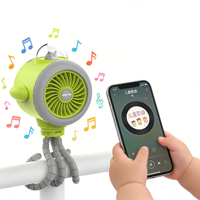 Ventilateur portable à clipser pour poussette enfant, 5 pales, avec musique et lumière, rechargeable 5000 mAh, pour voiture, extérieur, maison et hôtel