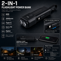 Z828 Lampe portable multifonction noire en ABS, batterie externe rechargeable USB Type-C, étanche IP44, affichage numérique LED, camping 600LM