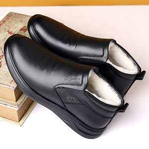 Men's Slip-On Leather Shoes Black <b>Wool</b> Lined Warm Winter Style Non Slip Thick Sole For Middle Aged And Elderly Men - Product Image 2