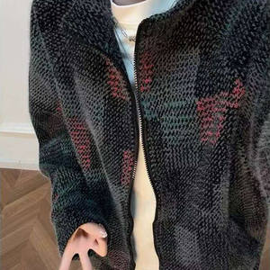 Cardigan en molleton tricoté style rétro américain, <span class=keywords><strong>sans</strong></span> <span class=keywords><strong>capuche</strong></span>, col montant, à carreaux colorés, pour automne-hiver, streetwear - Product Image 2