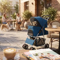 Poussette pliable à 3 roues bleue pour animaux de compagnie, confortable, portable, avec housse de protection respirante en maille, fermeture éclair et panier de rangement