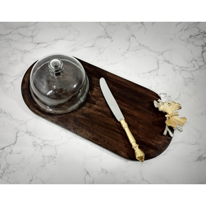 Plateau à fromage en bois avec dôme en verre et ensemble de couteaux, plateau de service de luxe pour la cuisine, la maison et les cadeaux - Product Image 1