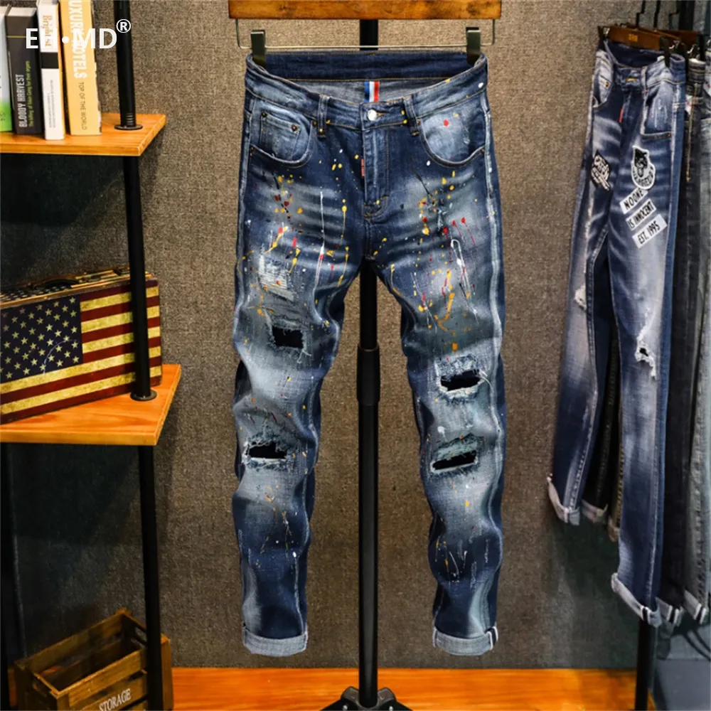 Джинсы мужские с принтом в горошек, мягкие повседневные свободные хлопковые эластичные брюки с дырками для струйной печати