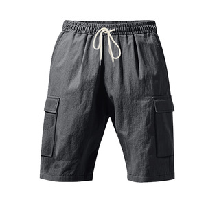 Shorts cargo en lin pour homme gris foncé, coupe ample, multi-poches, taille élastique, pour sports de plein air et décontracté, idéal pour l'été - Product Image 5
