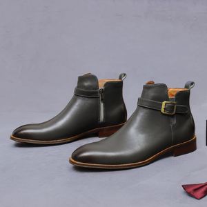 Bottes en cuir pour hommes, style mode, avec boucles de ceinture, bottes formelles d'affaires, bottes courtes en cuir véritable à fermeture éclair, chaussures de bureau pour hommes - Product Image 5