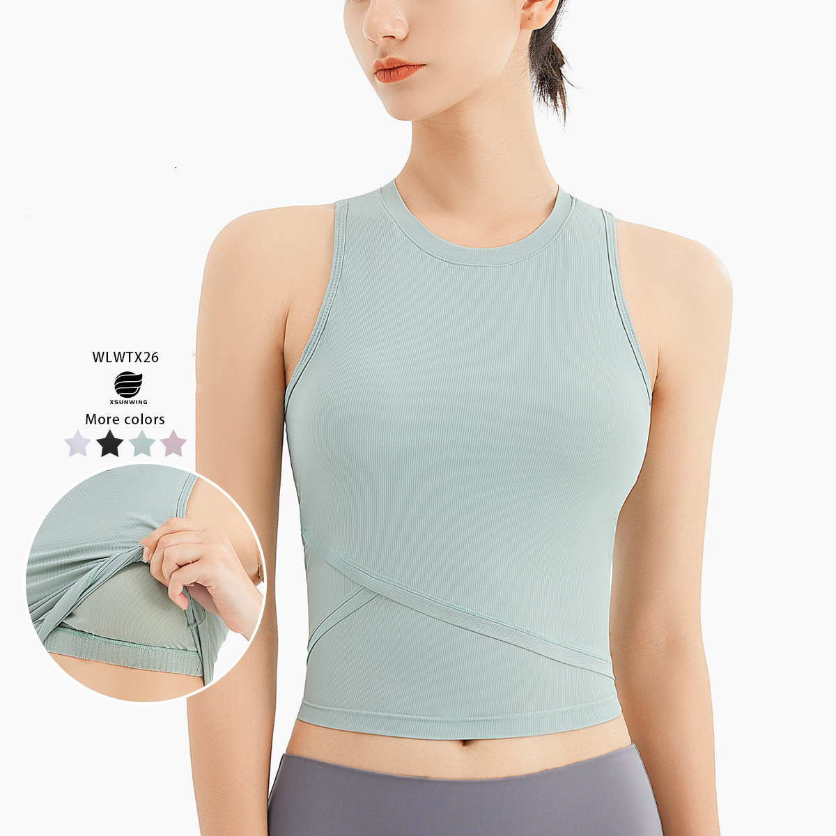 Xsunwing Custom LOGO Women Activewear Workout Breathable Round Neck Sleeveless Tops Sports Yoga Vest Fitness Tank Tops WLWTX26