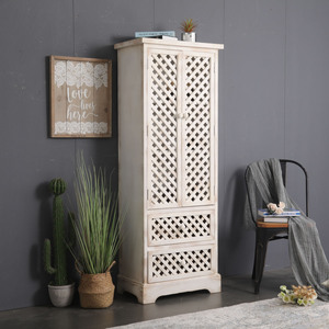 Gabinete de Almacenamiento Alto de Madera Maciza Lavada Blanca con Diseño a Cuadros, Duradero, de Fábrica China, para Sala de Estar, Entrada o Estilo Rústico - Product Image 1