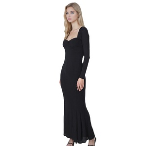Vestido de fiesta de mujer de algodón con logotipo personalizado y elegante diseño ajustado de manga larga otoño Maxi estampado digital patrón sólido en la espalda - Product Image 3