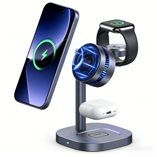 Desktop Multifunctional Charging Station, New 3-in-1 Magnetic Wireless Charger Stand, Built-in Heat Dissipation Design