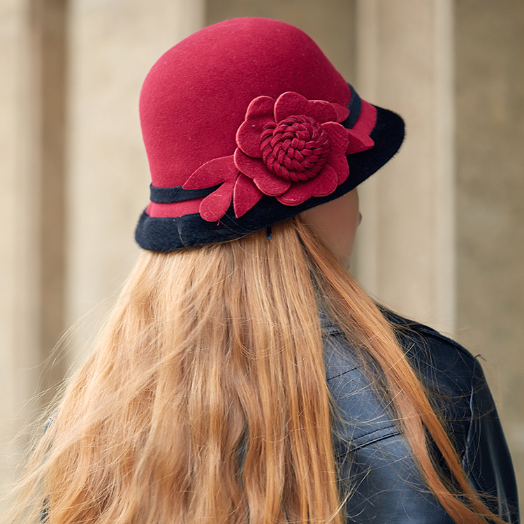 Cappello In Feltro Di Lana Per Donna Con Motivo Floreale, Modello Fedora Bowler Derby | Cappello Invernale Caldo, Taglia 56 Cm - 5