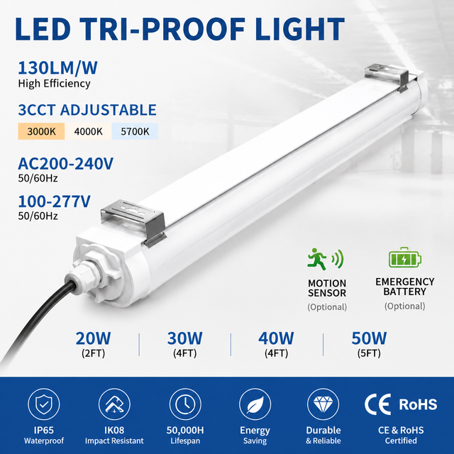 IK08 Impact Resistant CE RoHS LED Tri-proof Linear Light Polycarbonate Cover for Dustproof Moisture Proof Industrial Lighting