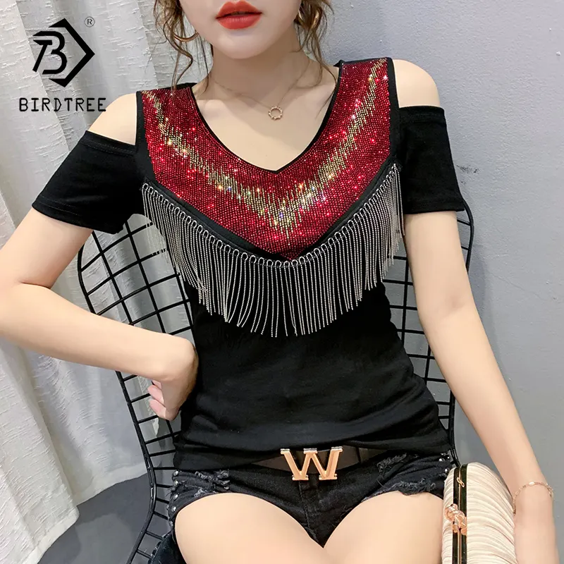 New 2022 T-Shirt Women Handmade Diamonds Beading Tassel Design Off-shoulder Women Tops Tees Short Sleeve Summer T25608