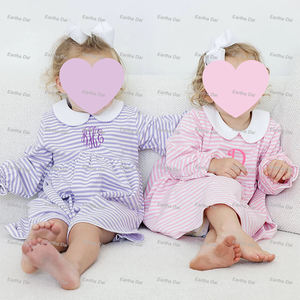 Printemps 2025 bébé fille robes rayé coton monogramme enfants robe pater col pan à manches longues enfants robes pour filles - Product Image 1