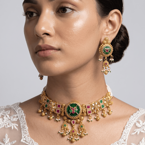 Traditional Gold Plated Green Pink Meenakari Choker Necklace Set With Circular Motifs Drops Matching Earrings For Bridal Wear - Product Image 5