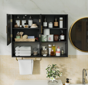Grand meuble de salle de bain mural en bois avec 2 portes, 4 étagères ouvertes et barre porte-serviettes, noir - Product Image 4