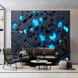 Hình Học lục giác Neon khối lập phương màu đen và màu xanh hình nền công nghệ cao trang trí phòng trò chơi bóc vỏ và dính tranh tường - Product Image 2