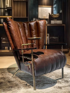 Sillón Individual de Cuero Genuino Vintage: Oficina, Bar, Exterior, Cómodo, Estilo de Mediados de Siglo, Sillón para Cigarros - Product Image 3