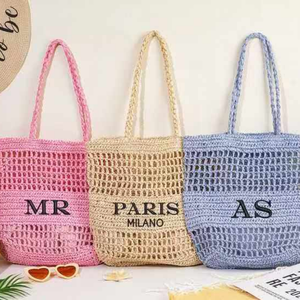Sacs de plage en paille de 14 pouces faits à la main Beige Pinky Blue femmes sac à bandoulière pliable tissé maille sac fourre-tout avec poignée - Product Image 6