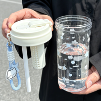 Bouteille d'eau en plastique personnalisée avec paille, motif dessin animé mignon, double compartiment, vente en gros