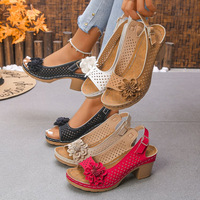 Sandales à talons pour femmes, rouges, à bout ouvert, talon épais moyen, respirantes, à lanières, motif floral, chaussures d'été, boucle, dessus en microfibre, semelle en caoutchouc