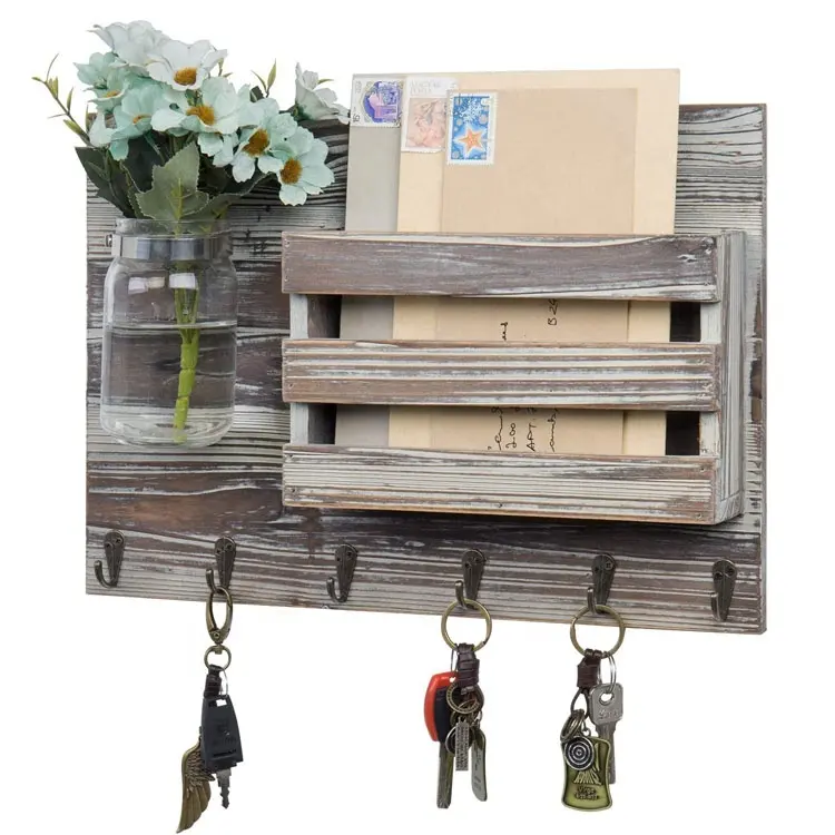 Wall Mounted Torched Wood Key and Mail Holder Organizer Rack with 6 Hooks and Decorative Mason Jar Vase