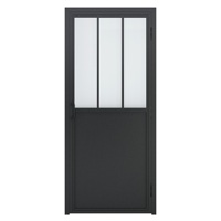 Porte battante en acier et verre noir style loft français à 3 vantaux avec plinthe, cadre en fer cannelé, double porte intérieure de loft avec verre