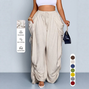 Pantalones Anchos Transpirables de Primavera y Verano para Mujer, Estilo Resort, con Cordón Ajustable, Bolsillos <span class=keywords><strong>Cargo</strong></span>, Pantalones Harem con Corte Estructurado - Product Image 1